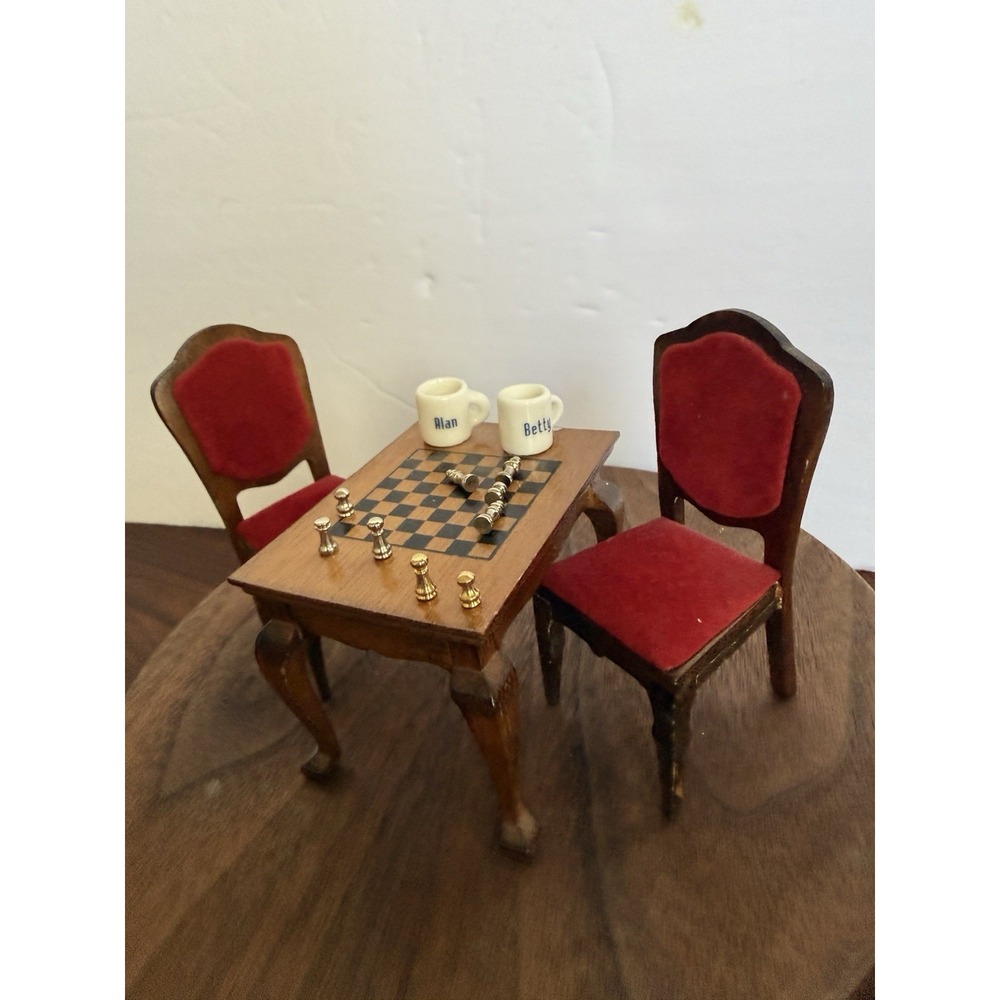 Dollhouse Lot Chess Set Board Marquetry Game Table Chairs Miniature 1:12 Vintage - Picture 4 of 5